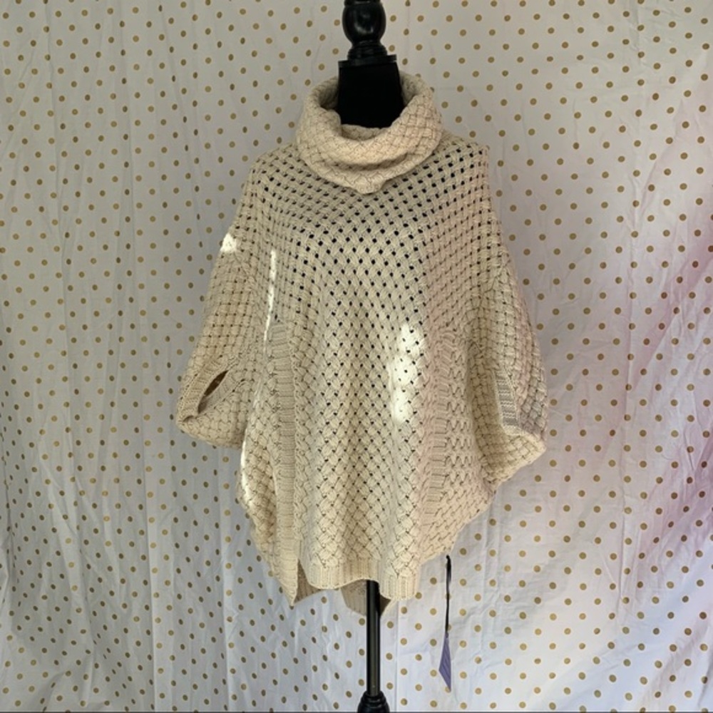 Michelle Nicole Wool Blend Cowl Neck Cream Basket Weave Knit Poncho Sweater